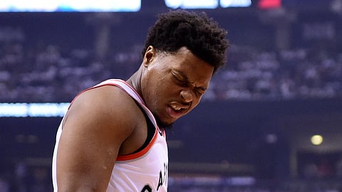 Toronto’s Kyle Lowry grimaces after a collison in Game 5 on May 7 (Frank Gunn/The Canadian Press)