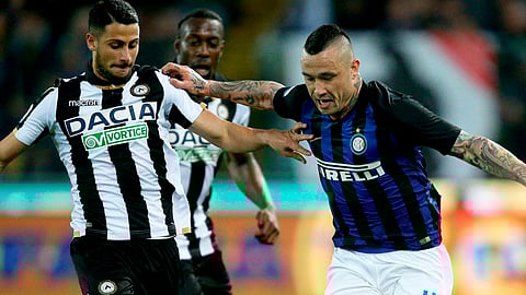 Udinese’s Rolando Mandragora, left, and Inter’s Radja Nainggolan in action during the Italian Serie A soccer match Udinese Calcio vs FC Inter on May 4, 2019.