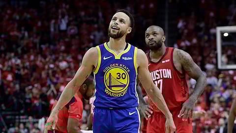 Golden State Warriors guard Stephen Curry walks upcourt after a play during the second half in Game 6 of the team’s second-round NBA basketball playoff series against the Houston Rockets on May 10, 2019.