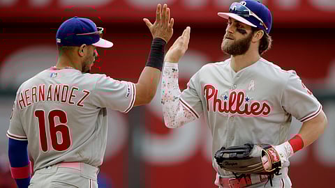 Cesar Hernandez (left) and Bryce Harper celebrate Phillies’ 6-1 victory on Sunday, May 12 in Kansas City (Charlie Riedel)