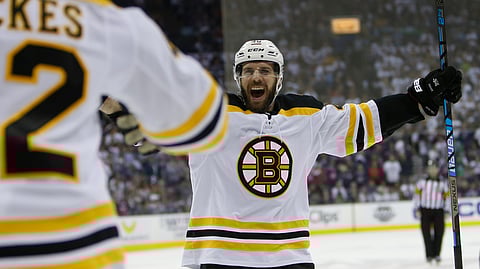 Boston Bruins’ David Krejci, of the Czech Republic, celebrates a goal against the Columbus Blue Jackets during the third period of Game 6 of an NHL hockey second-round playoff series on May 6, 2019.