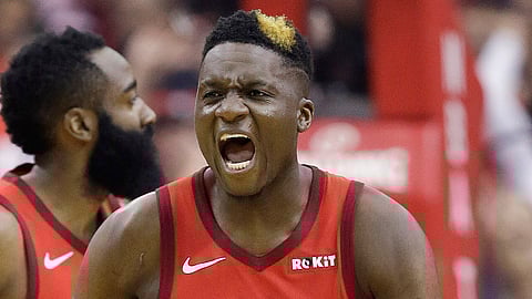 Houston Rockets center Clint Capela reacts after making a basket during the first half of Game 4 of a second-round NBA basketball playoff series against the Golden State Warriors, Monday, May 6, 2019, in Houston. (AP Photo/Eric Christian Smith)