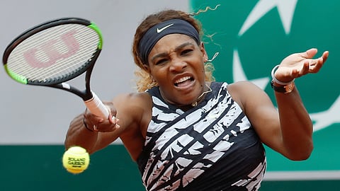 Serena Williams plays in the finals of the Rogers Cup, Sunday, Aug. 10, 2019. (AP Photo/Pavel Golovkin)