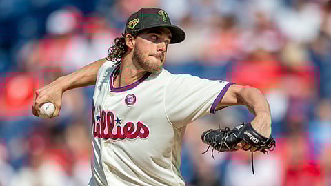 Phillies starting pitcher Aaron Nola throws during the first inning of his last start on May 18 (Laurence Kesterson)
