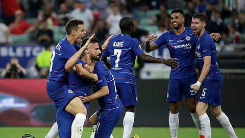 Chelsea’s Olivier Giroud, second left, celebrates after scoring his side’s opening goal during the Europa League Final soccer match between Arsenal and Chelsea at the Olympic stadium in Baku, Azerbaijan on May 29, 2019.