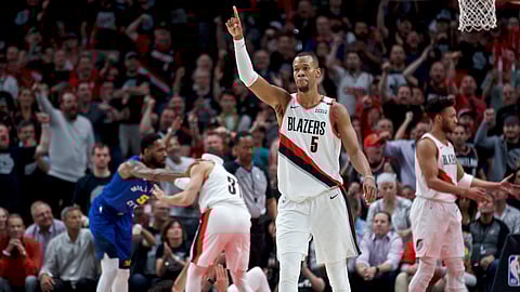 Portland’s Rodney Hood gestures during the second half of Game 6 on May 9 (Craig Mitchelldyer)