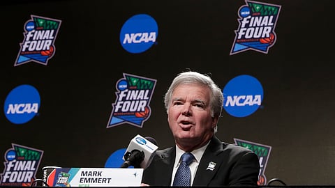 FILE - In this April 4, 2019, file photo, NCAA President Mark Emmert answers questions at a news conference at the Final Four college basketball tournament in Minneapolis. (AP Photo/Matt York, File)