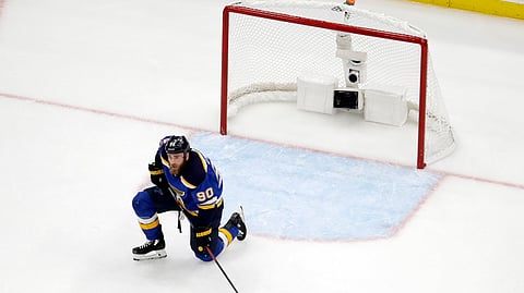 Blues center Ryan O’Reilly reacts to the Sharks’ game-tying goal with 61 seconds left in the third period on Game 3 on May 15. If he only knew what was going to transpire next. (Jeff Roberson)