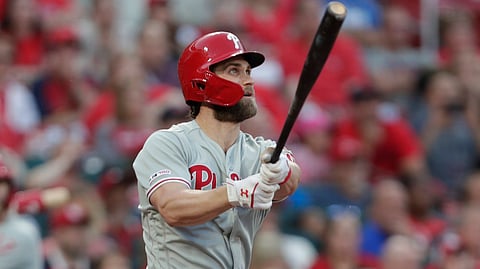 Phillies’ Bryce Harper watches his second-inning grand slam on May 7 in St. Louis (Tom Gannam)