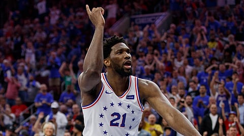 Philadelphia 76ers’ Joel Embiid reacts to his dunk in Game 3 of the NBA playoff series against the Toronto Raptors, Thursday, May 2, 2019, in Philadelphia. The 76ers won 116-95. (AP Photo/Chris Szagola)