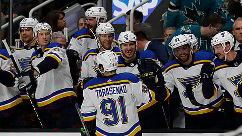 Blues’ Vladimir Tarasenko (91) celebrates a goal with the bench in the second period in Game 5 on May 19 (Josie Lepe)