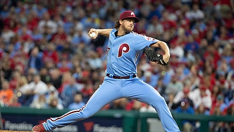 Phillies’ Aaron Nola pitches against the Marlins on April 25 (Chris Szagola)