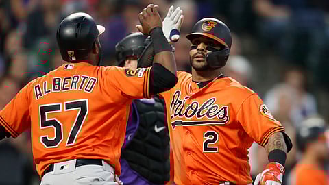 Orioles Hanser Alberto and Jonathan Villar celebrate during the Orioles win May 25 in Denver (David Zalubowski)