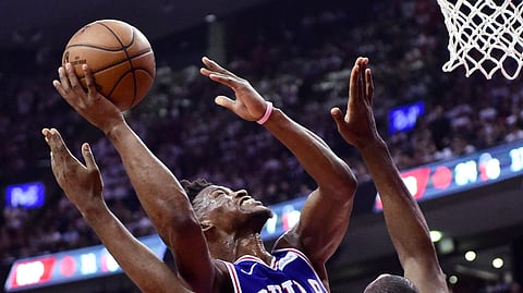 Sixers’ Jimmy Butler powers to the basket in Game 5 on May 7 (Frank Gunn/The Canadian Press)