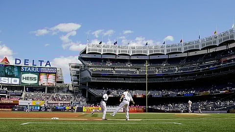 Yankees’ Cameron Maybin rounds the bases after homering in the opening game of a May 15 doubleheader (Frank Franklin II)