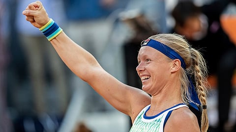 Kiki Bertens celebrates after winning the Madrid Open final against Simona Halep on May 11 (Bernat Armangue)