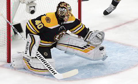 Bruins’ goaltender Tuukka Rask makes a save in Game 1 on May 9 (Charles Krupa)