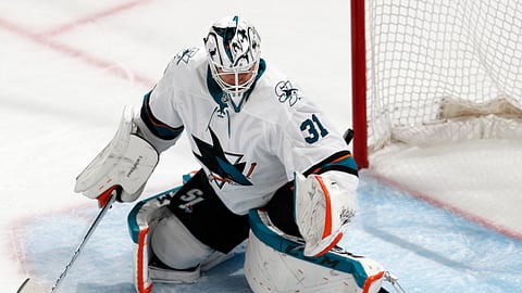 San Jose Sharks goaltender Martin Jones fails to stop a shot by Colorado Avalanche left wing Matt Nieto that went into the net for a goal during Game 3 of an NHL hockey second-round playoff series on April 30, 2019.