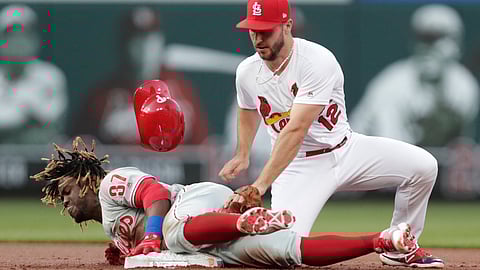Phillies’ Odubel Herrera slides into second with a double in the second inning of their May 7 game (Tom Gannam)