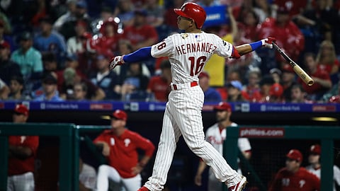 Phillies’ Cesar Hernandez follows through after hitting a fourth-inning home run on May 28 (Matt Rourke)