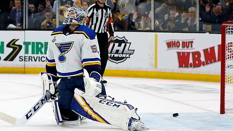 Blues goaltender Jordan Binnington reacts after giving up a goal to the Bruins’ Charlie McAvoy in Game 1 on May 27 (Michael Dwyer)