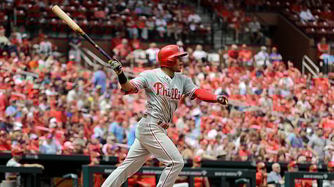 Philadelphia Phillies’ Cesar Hernandez watches his solo home run during the seventh inning of a baseball game against the St. Louis Cardinals on May 8, 2019.