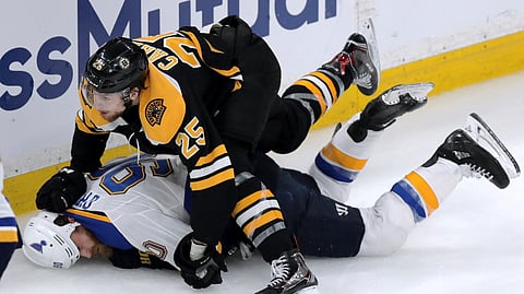 Boston Bruins’ Brandon Carlo, top, takes down St. Louis Blues’ Ryan O’Reilly during the third period in Game 1 of the NHL hockey Stanley Cup Final on May 27, 2019.
