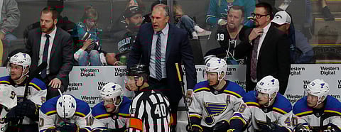 Blues’ head coach Craig Berube (center) reacts during Game 1 on May 11 (Josie Lepe)