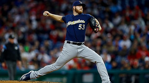 Brewers’ Brandon Woodruff pitches against  the Phillies on May 14 (Matt Slocum)