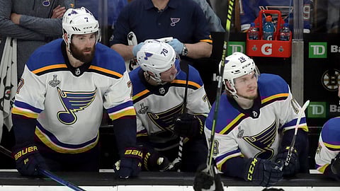 Players on the Blues bench react to a third-period emtpy net goal in Game 1 on May 27 (Charles Krupa)