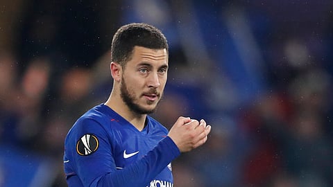 Chelsea’s Eden Hazard, who scored the winning penalty in a shootout, react after the Europa League semifinal second leg soccer match between FC Chelsea and Eintracht Frankfurt on May 9, 2019.