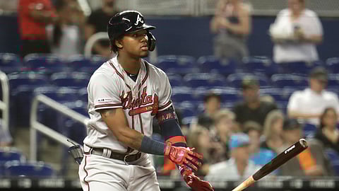 Atlanta Braves’ Ronald Acuna Jr. drops his bat after striking out during the first inning of a baseball game against the Miami Marlins, Friday, May 3, 2019, in Miami. (AP Photo/Lynne Sladky)