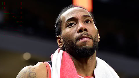 Toronto Raptors forward Kawhi Leonard reacts at the end of Game 2 of the team’s NBA basketball playoffs Eastern Conference finals against the Milwaukee Bucks on May 17, 2019.