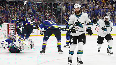 Sharks defenseman Erik Karlsson skates away after scoring the winning overtime goal in Game 3 on May 15 (Jeff Roberson)