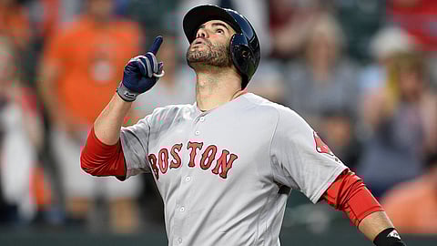 Red Sox’s J.D. Martinez celebrates his two-run home run during the fourth inning on June 14 (Nick Wass)