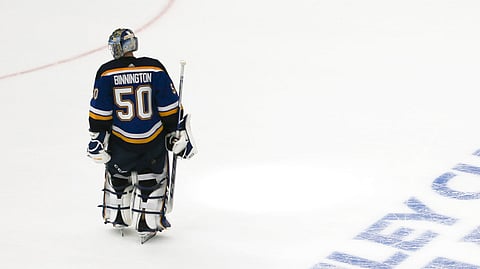 Blues goaltender Jordan Binnington skates across the ice during the third period of Game 6 on June 9 (Scott Kane)