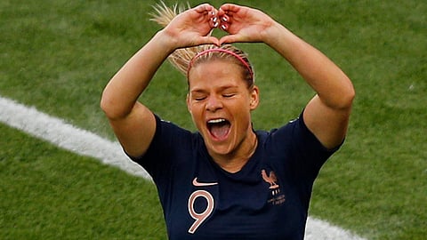 France’s Eugenie Le Sommer celebrates after scoring the first goal of the Women’s World Cup on June 7 (Francois Mori)