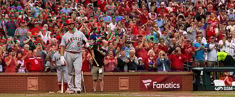 Angels’ Albert Pujols (5) is greeted by a standing ovation before his first at-bat during the first inning in St. Louis on June 21 (L.G. Patterson)