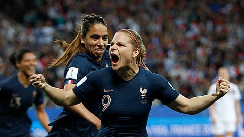 France’s Eugenie Le Sommer, celebrates with France’s Amel Majri after scoring her side’s second goal on a penalty kick during the Women’s World Cup Group A soccer match between France and Norway in Nice, France, Wednesday, June 12, 2019. (AP Photo/Claude Paris)