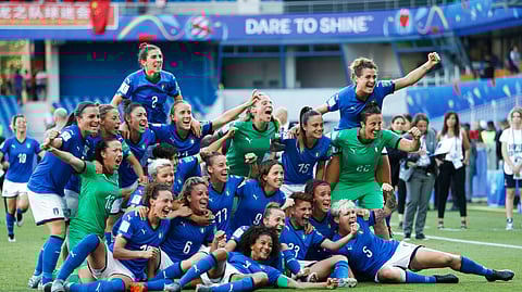Italy players celebrate at the end of the Women’s World Cup round of 16 soccer match between Italy and China at Stade de la Mosson in Montpellier, France, Tuesday, June 25, 2019. Italy won 2-0. (AP Photo/Claude Paris)