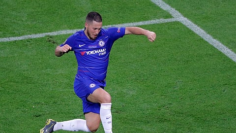 Chelsea’s Eden Hazard celebrates after scoring his team’s fourth goal during the Europa League Final soccer match between Chelsea and Arsenal at the Olympic stadium in Baku, Azerbaijan, Wednesday, May 29, 2019. (AP Photo/Dmitri Lovetsky)