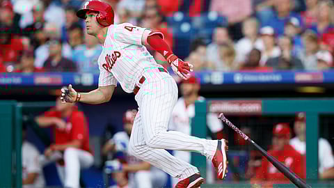 Phillies’ Scott Kingery watches the flight of his three-run home run June 11 (Matt Slocum)