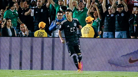 Mexico’s Uriel Antuna celebrates his goal against Cuba during the second half of a CONCACAF Gold Cup soccer match on June 15 (Ringo H.W. Chiu)