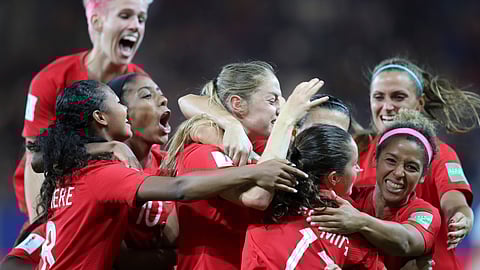 Canada’s Jessie Fleming celebrates with her teammates after scoring her side’s opening goal during the Women’s World Cup Group E soccer match between Canada and New Zealand in Grenoble, France, Saturday, June 15, 2019. (AP Photo/Francisco Seco)