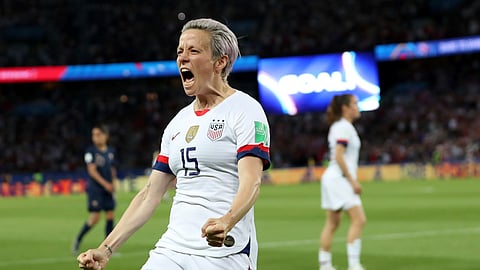 United States’ Megan Rapinoe celebrates after scoring her side’s second goal during the Women’s World Cup quarterfinal soccer match between France and the United States at the Parc des Princes, in Paris, Friday, June 28, 2019.