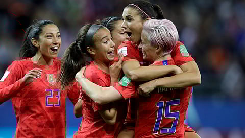 The United States’ women celebrate a late goal against Thailand on June 11 (Alessandra Tarantino)