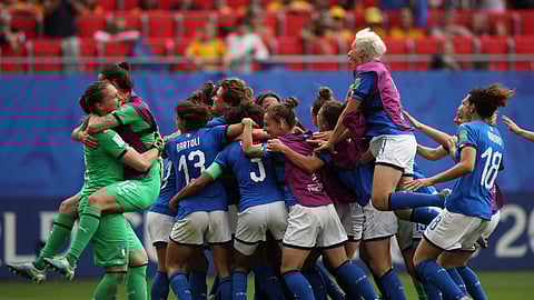 Players of Italy celebrate after winning the Women’s World Cup Group C soccer match between Australia and Italy at the Stade du Hainaut in Valenciennes, Sunday, June 9, 2019. (AP Photo/Francisco Seco)