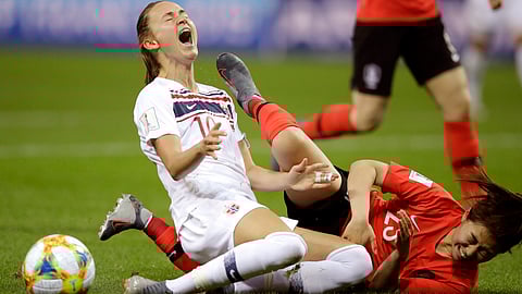 Norway’s Caroline Graham Hansen (left) reacts as she is fouled in the penalty box by South Korea’s Kang Chae-rim during Women’s World Cup action on June 17 (Alessandra Tarantino)
