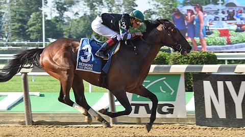 Diversify, with Irad Ortiz Jr. up, wins the 2017 Saginaw Stakes (Susie Raisher)