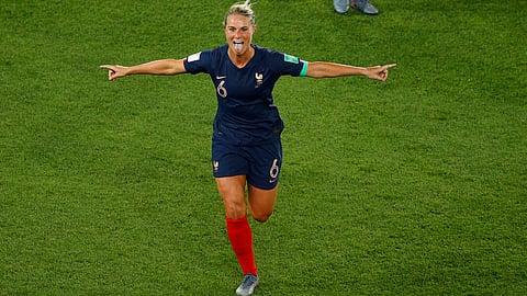 France’s Amandine Henry celebrates after scoring her side’s fourth goal on June 7 (Francois Mori)
